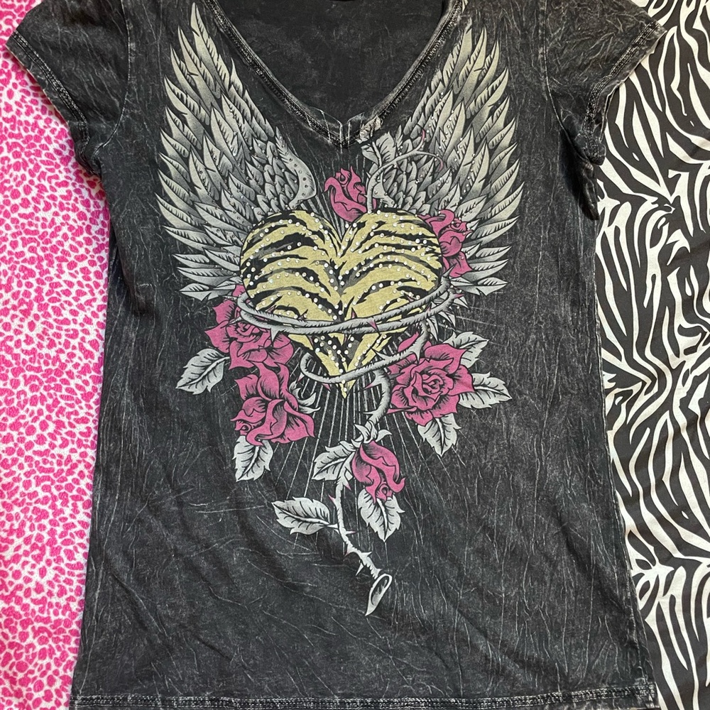 Graphic Tee with Heart and Wings Design